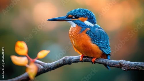 A vibrant kingfisher perched on a branch, showcasing its colorful plumage against a blurred background.
