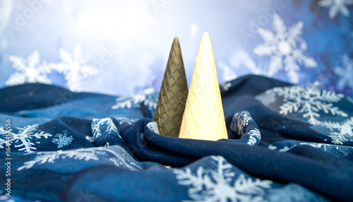 Creative Arrangement of Two Ice Cream Cones on Blue Fabric With Snowflakes for Winter Theme