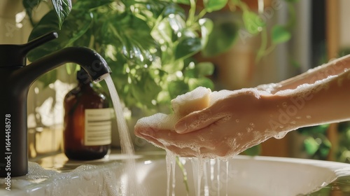 A person washes hands with soap under running water, surrounded by greenery.