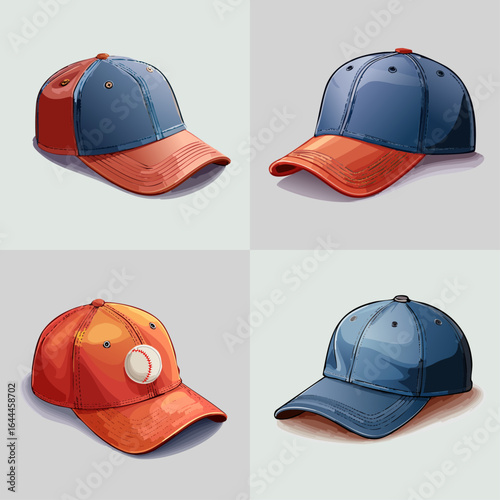 Set of Colorful Baseball Cap Vector Illustrations in Different Styles