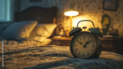 An alarm clock sits on a bed in a dimly lit bedroom, with a lamp illuminating the scene.