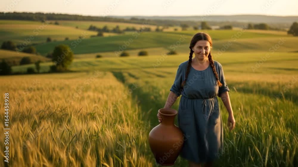 custom made wallpaper toronto digitalGolden Hour in the Fields: A Woman Carrying a Clay Jar