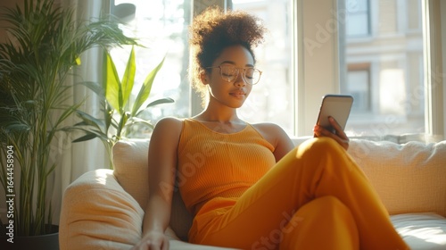 A young woman with glasses relaxes on a sofa, looking at her smartphone in a sunlit room with a plant.