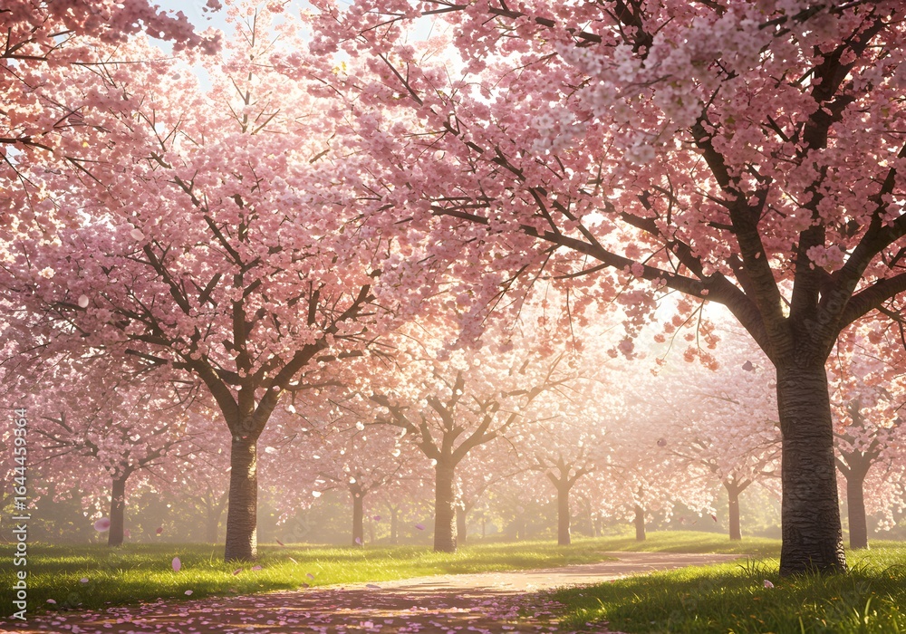 A breathtaking view of a path leading through a grove of blooming cherry trees, a true symbol of springtime, under sunlight A breathtaking view of a path leading through a grove of blooming cherry trees, a true symbol of springtime, under sunlight