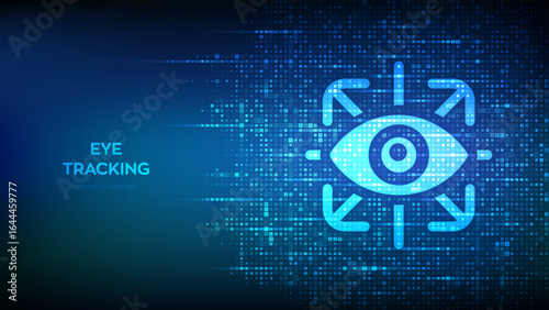 Eye tracking icon made with binary code. Gesture recognition sensor. Emotion detection, hands-free control, motion tracking. Digital binary code background with digits 1.0. Vector Illustration.