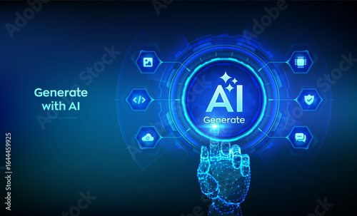 Generate with AI button. Artificial intelligence and Machine learning technology concept. AI enters by command prompt to generate ideas. Hand about to press a Generate AI button. Vector illustration.