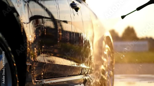Close up of black car being pressure washed with water droplets and sunset light