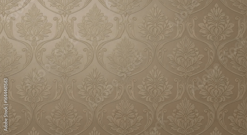 Elegant beige wallpaper featuring a classic embossed damask pattern with a floral and foliate motif.
