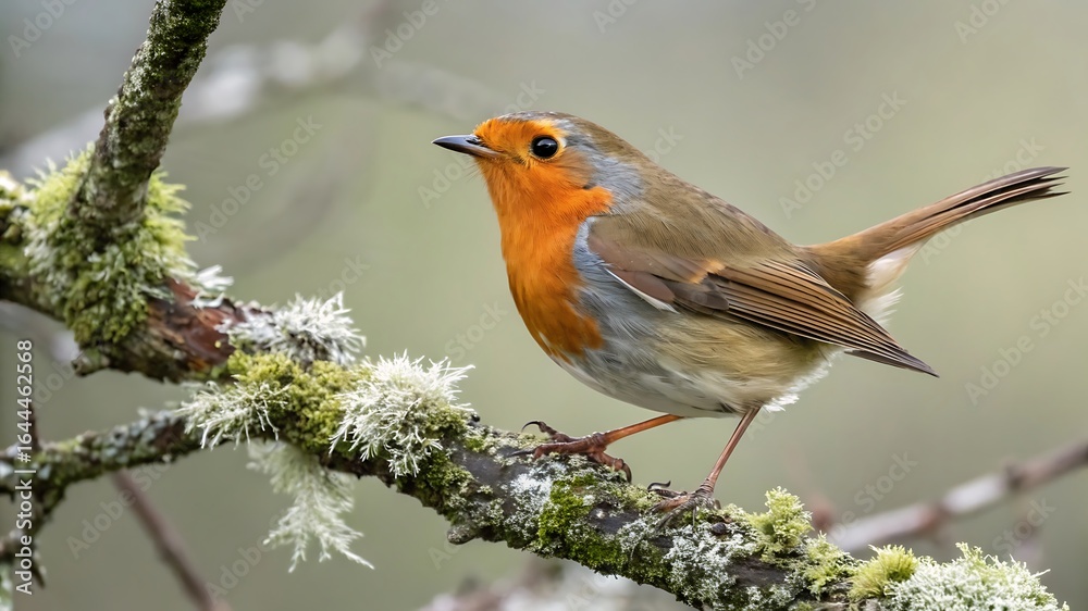 Fototapeta premium Robin perched on mossy branch bird orange breast
