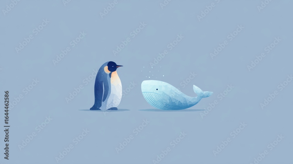 Obraz premium Playful Encounter Between Penguin and Whale in Minimalist Style