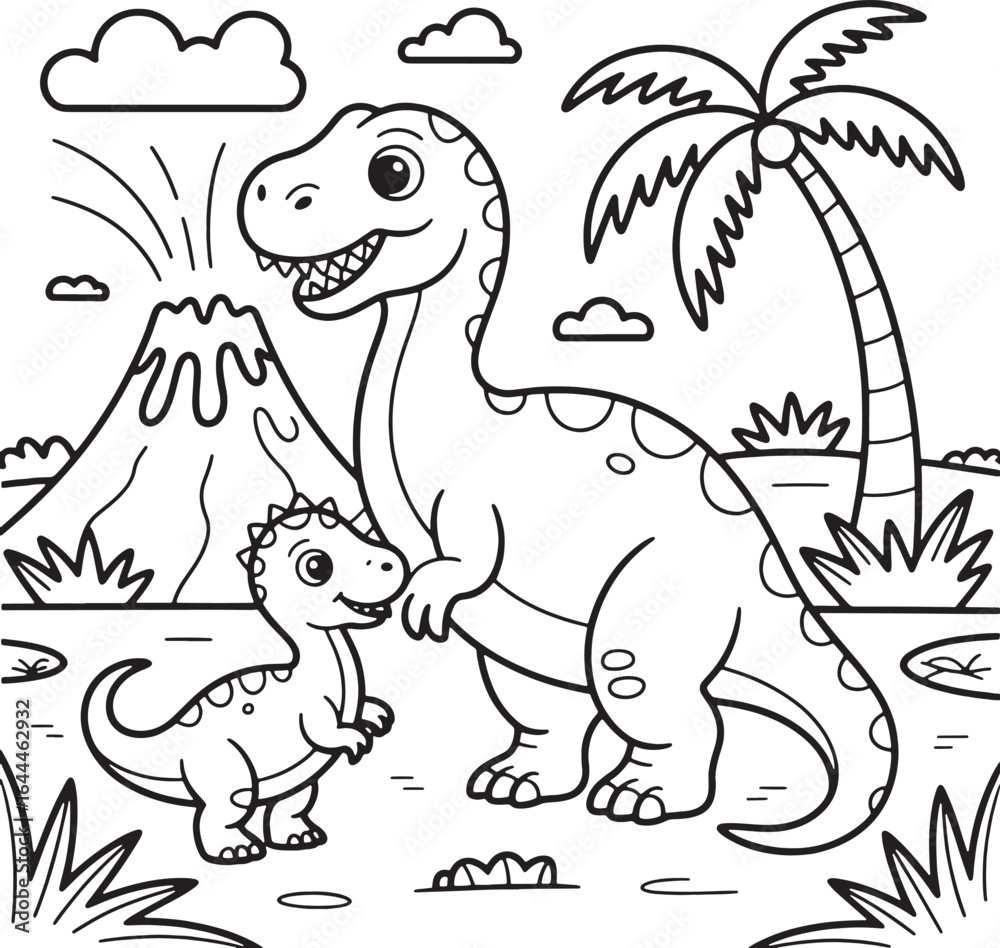Naklejka premium Dinosaur and Baby Dinosaur in Prehistoric Landscape with Volcano