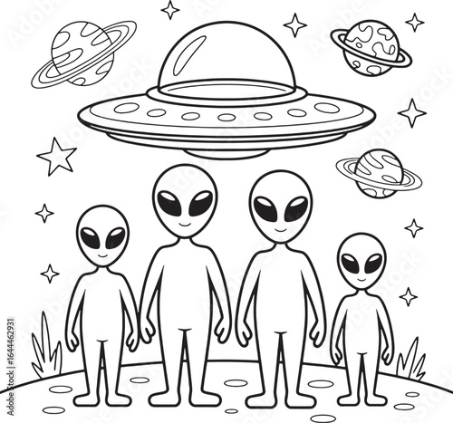 Cartoon line drawing of friendly aliens and aUFO hovering above a planet with rings and stars spaceship