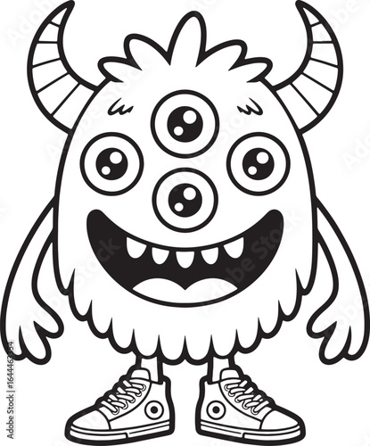 Funny cartoon monster with three eyes horns and sneakers smiling widely creature cute