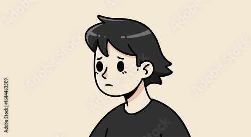 Minimalist cartoon avatar of a young man with black hair and sweater, perfect for profile pictures, social media, stickers, games, and character design projects