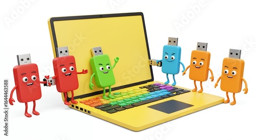 Colorful cartoon usb drives around a laptop