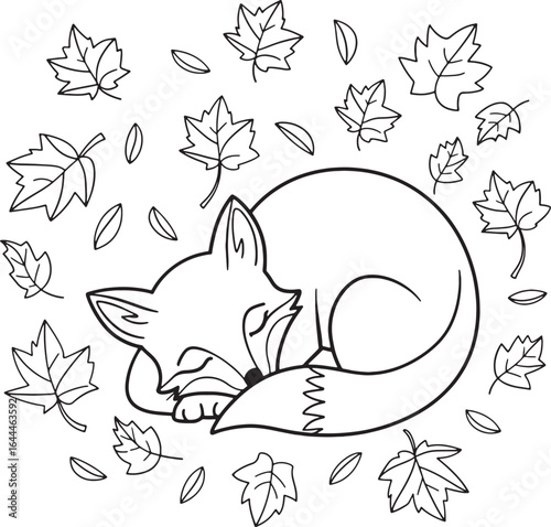 Sleeping fox curled up surrounded by falling autumn leaves in a circular pattern vector illustration