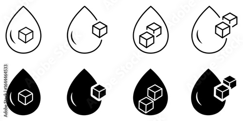 Blood sugar icon set in black color. Sugar in blood icons set in black color. Vector illustration. Blood drop with sugar pieces inside sign. Blood Sugar, Blood Glucose Icon. Vector illustration