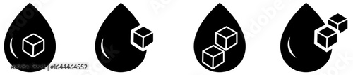 Blood Sugar, Blood Glucose Icon collection in black color on white background. Sugar in blood icons set. Vector illustration. Blood Sugar, Blood Glucose Icon. Blood drop with sugar pieces inside sign 