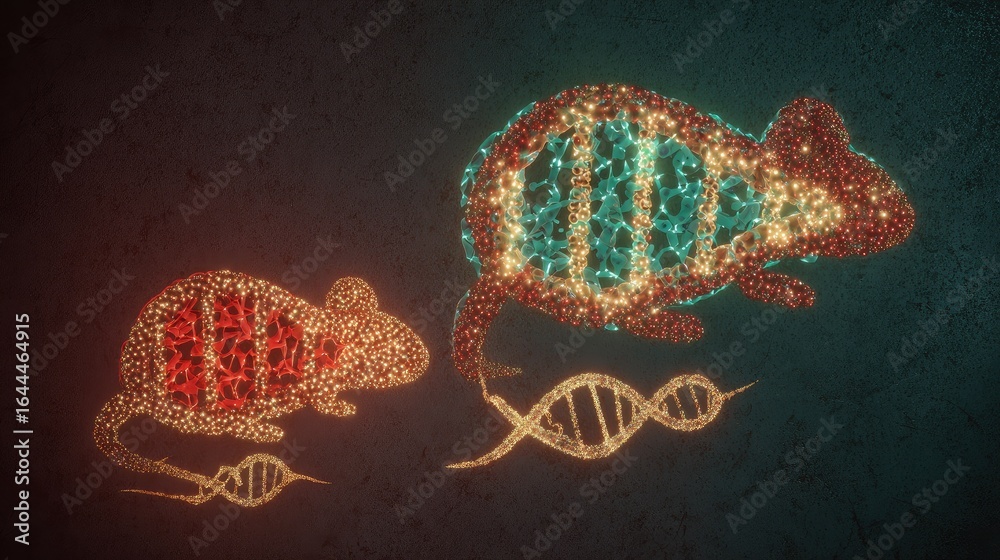 Fototapeta premium Two glowing mouse silhouettes connected by a DNA helix to their offspring, illustraing reproductive science.