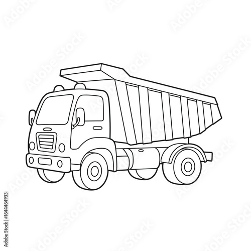 Coloring Book Line Drawing of a Tipping Dump Truck Detailed Cab and Cargo Bed.