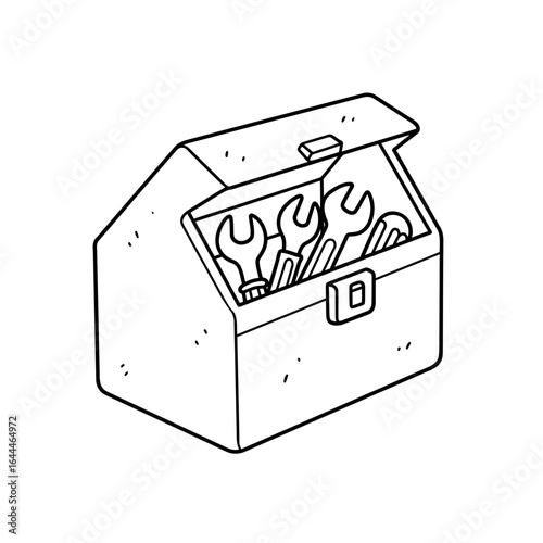 Coloring Book Open Tool Box with Wrenches and Screwdrivers Line Art Illustration.