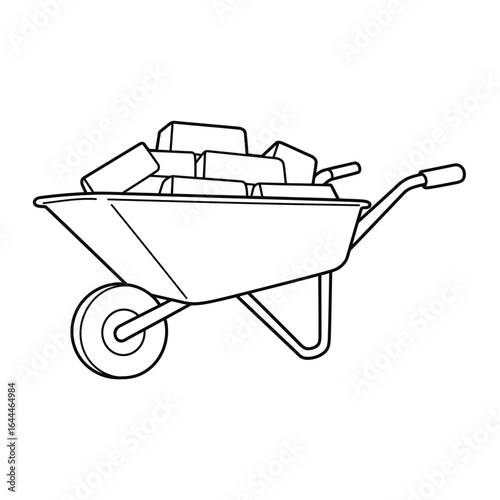 Coloring Book Outline Wheelbarrow Filled with Bricks Construction Equipment Illustration.