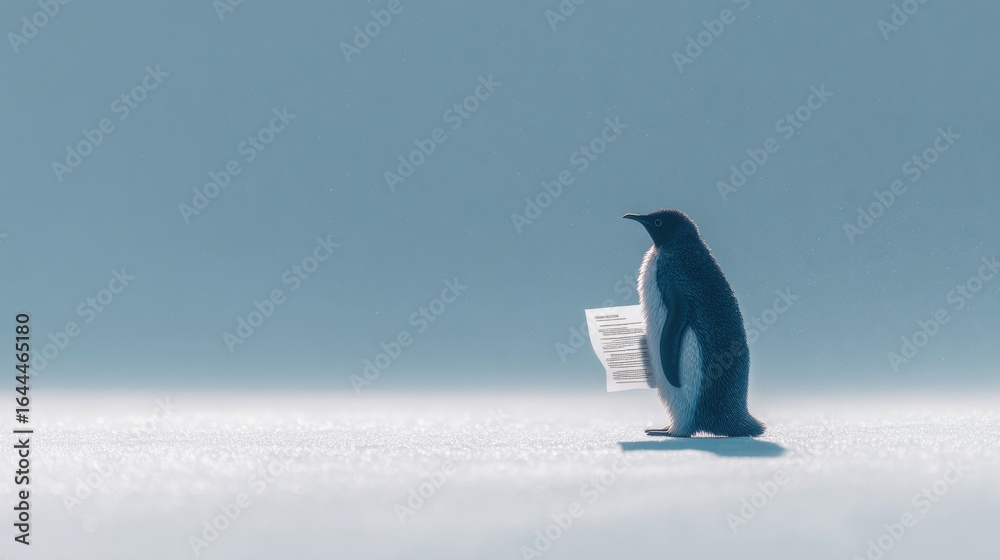 Obraz premium Penguin Holding Paper in Snowy Landscape with Clear Blue Background