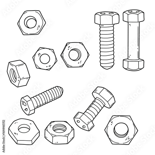 Coloring Book Hand-drawn Collection of Bolts and Nuts in Various Angles.