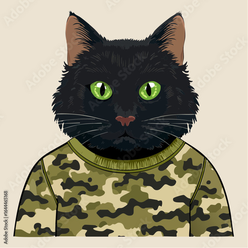 fluffy black cat with green eyes wearing olive drab taupe and brown camo sweatshirt svg vector illustration