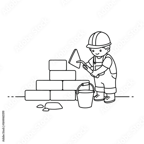 Coloring Book Cartoon Bricklayer with Trowel Building a Brick Wall Black and White.