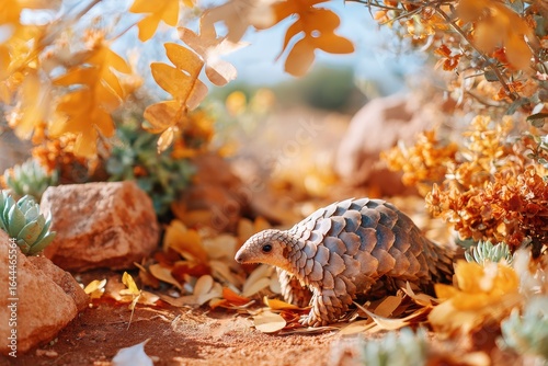 A curious pangolin exploring a vibrant autumn landscape filled with golden leaves, colorful plants, and rocky terrain under a bright blue sky