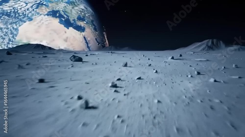 Earth rising over a moon landscape