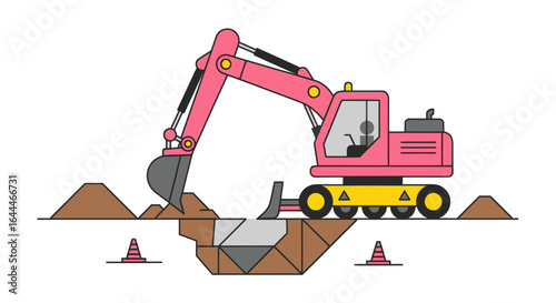 Pink Excavator at Construction Site