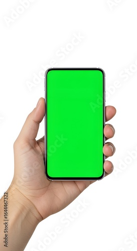 Hand Holding Smartphone with Green Screen on White Background
