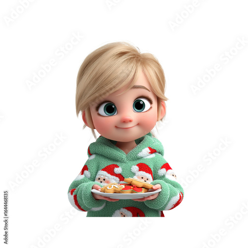 Adorable 3D Rendered Girl in Christmas Pajamas Holding Gingerbread Cookies