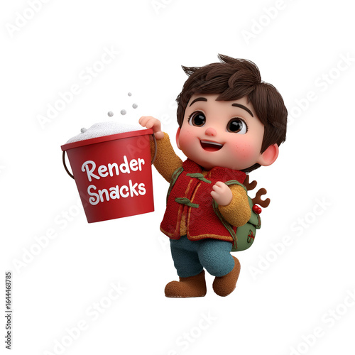 Adorable 3D Render of a Happy Boy Carrying a Bucket of Render Snacks