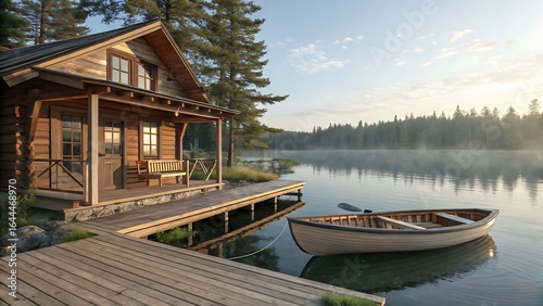 Log cabin by the lake with a boat and a wooden dock in the morning