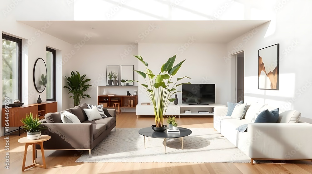 Fototapeta premium Stunning modern living room featuring comfortable sofas, natural light, and vibrant plants for ultimate relaxation and stylish home decor.