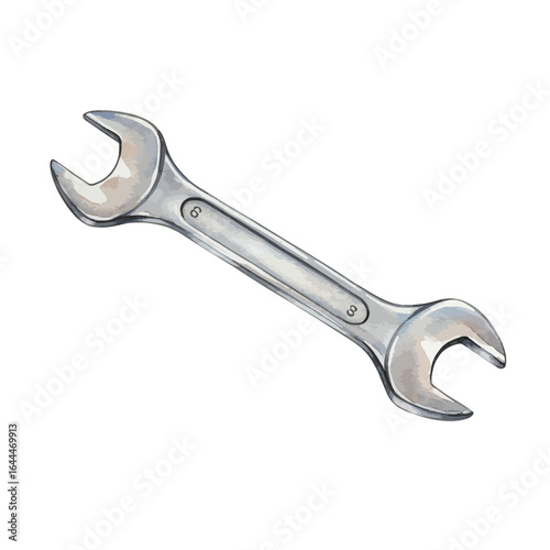 Watercolor Illustration of a Metal Wrench, Open-Ended Spanner Tool