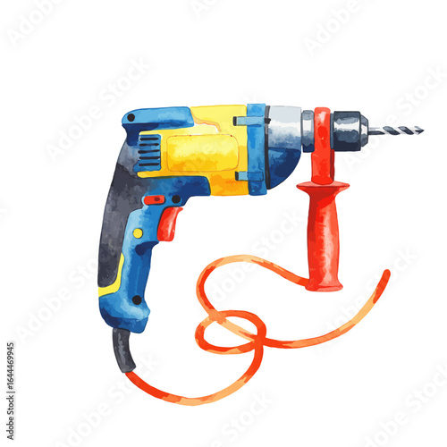 Colorful Watercolor Illustration of a Power Drill with Auxiliary Handle