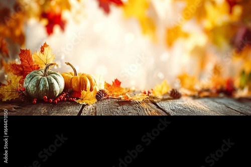 Autumn banner with fallen maple leaves and pumpkins on wooden vintage table. Autumn concept with red-yellow leaves background. Thanksgiving pumpkins.