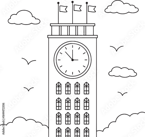 Outline drawing of a tall clock tower with flags and clouds Big Ben London