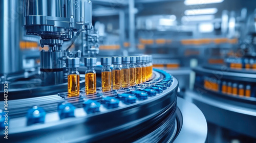 Drug manufacturing process. Conveyor with medical ampoules line at a modern pharmaceutical