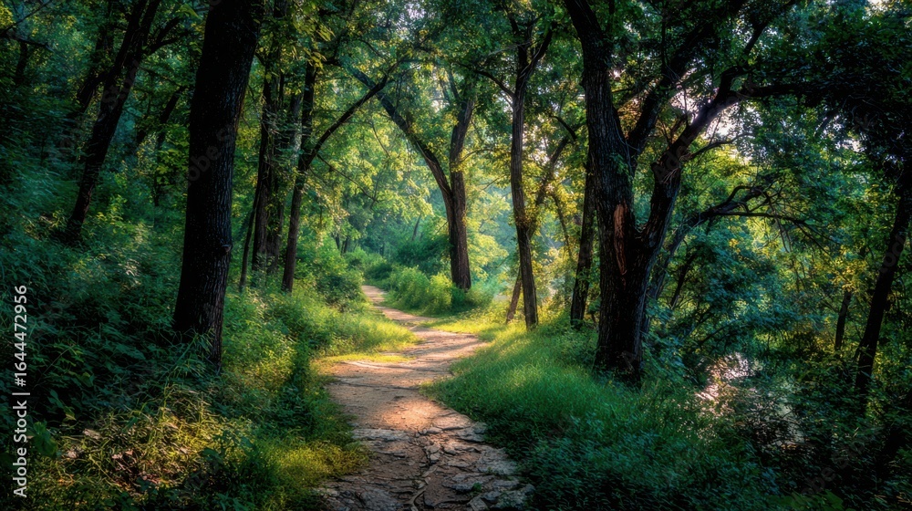 Naklejka premium Serene Forest Pathway Surrounded by Lush Green Trees and Tranquil Nature in Morning Light