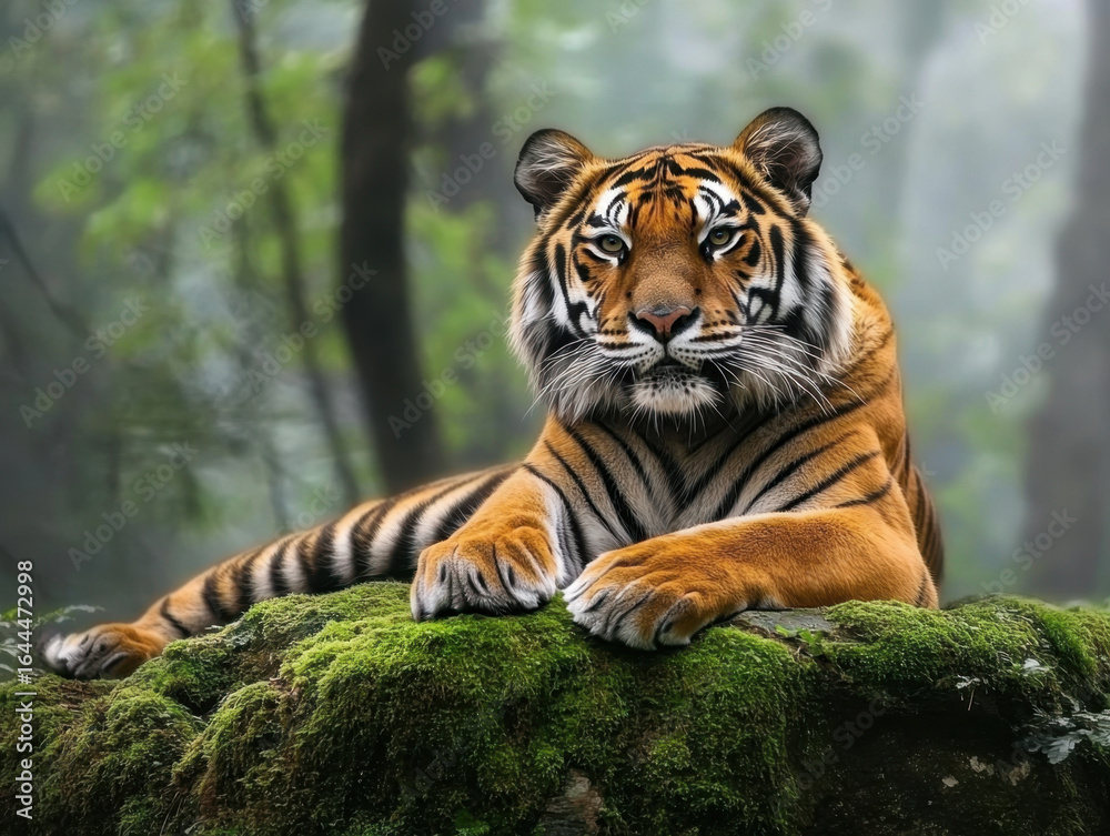 Obraz premium Tiger resting on mossy rock amid misty trees