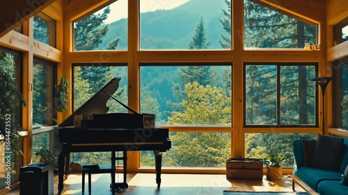 Rustic cabin interior with panoramic mountain views and a piano