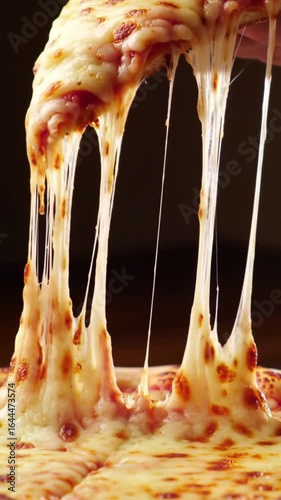 Extreme close-up hot cheesy pizza slice with melting mozzarella