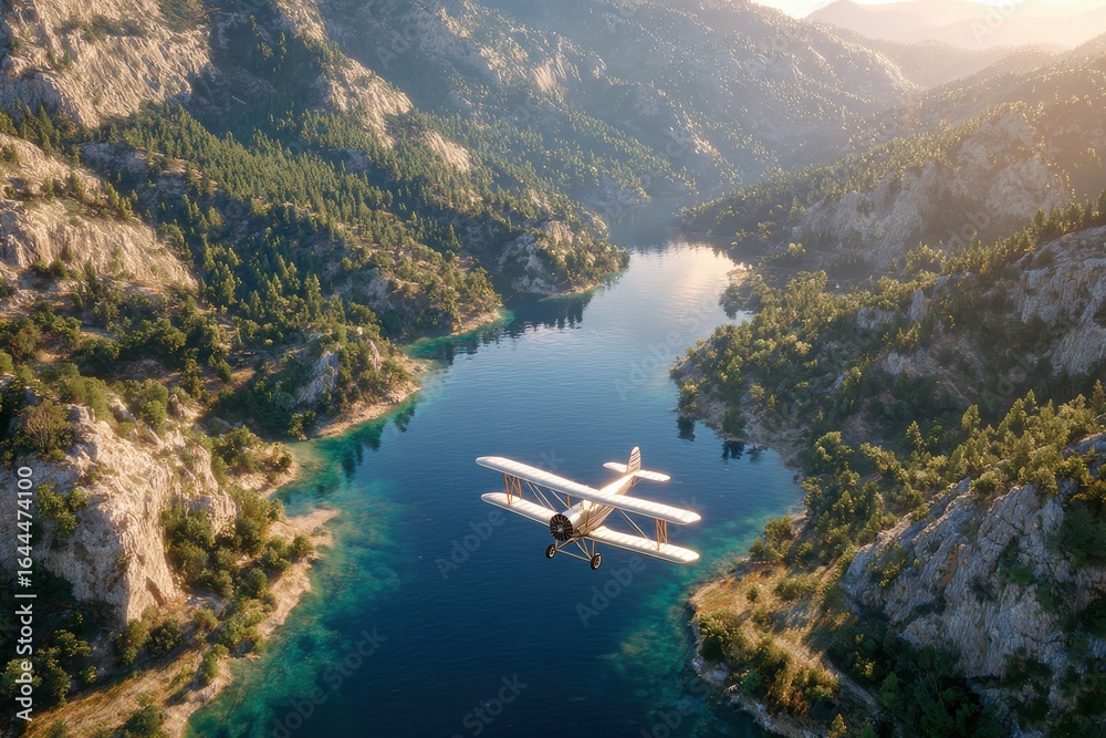 custom made wallpaper toronto digitalAerial View of Vintage Biplane Flying Over Serene Mountain River Surrounded by Lush Green Trees and Sunlit Rocky Terrain During Golden Hour