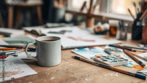 Wallpaper Mural Coffee mug on messy artist's workspace
 Torontodigital.ca