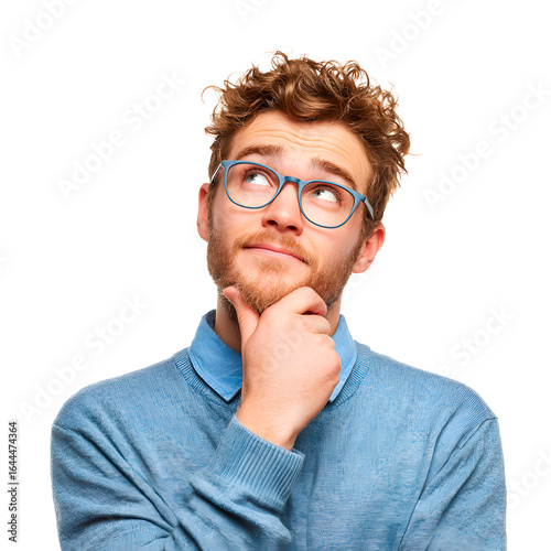A young man with curly hair and glasses is thoughtfully looking up with his hand on his chin.